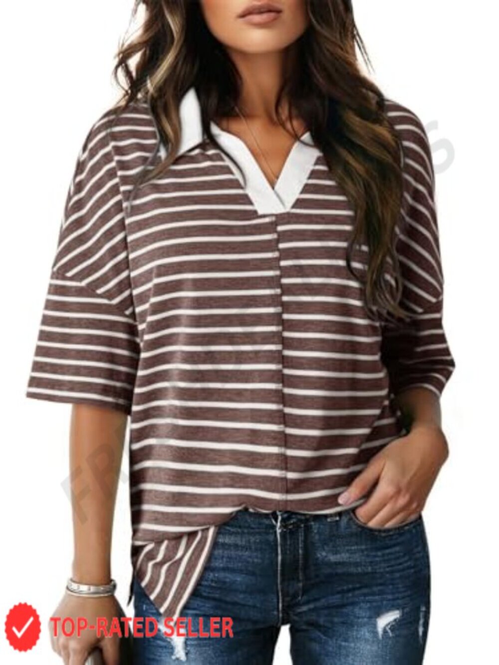 Viscose Blend V-Neck Striped Tunic Top Loose Fit Short Sleeve Tee